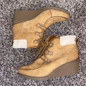 Wedge booties with shearling trim